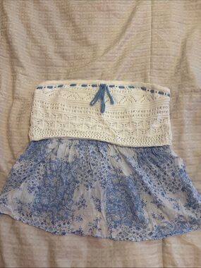 Hollister White Crochet & Light Blue Floral Strapless Tank
